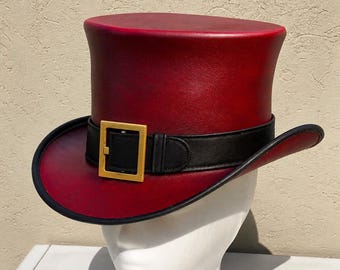 Handmade Red Leather Top Hat With Black Band And Gold Buckle Detail