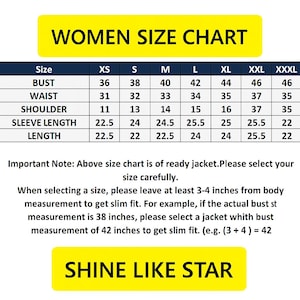 May include: A women's size chart with measurements for bust, waist, shoulder, sleeve length, and length. Sizes range from XS to XXXL, with measurements in inches. The chart includes the text "SHINE LIKE STAR".