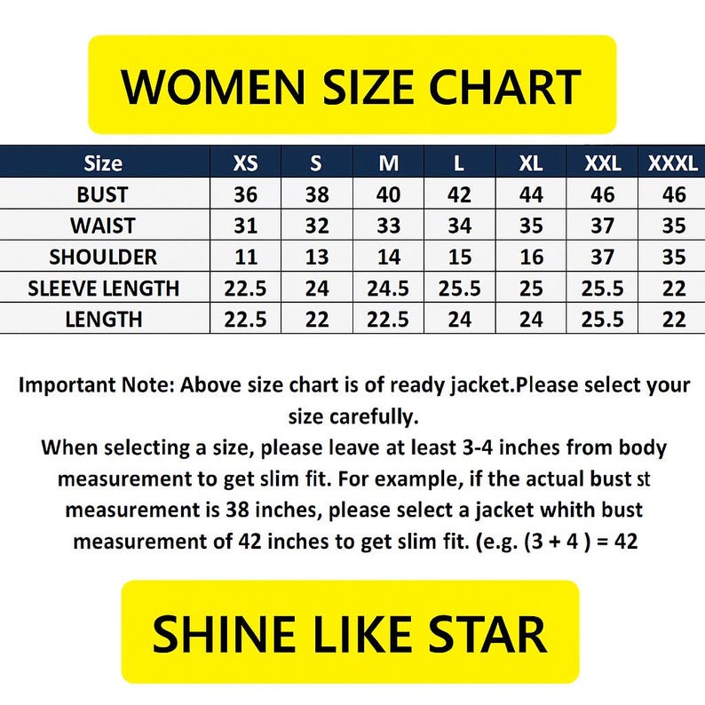 May include: A women's size chart with measurements for bust, waist, shoulder, sleeve length, and length. Sizes range from XS to XXXL, with measurements in inches. The chart includes the text "SHINE LIKE STAR".
