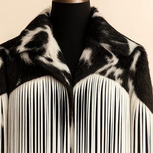 May include: A black and white faux fur coat with a striking pattern. The coat features a unique design with long, white fringe detailing across the chest. The collar and upper portion of the coat have a spotted pattern.