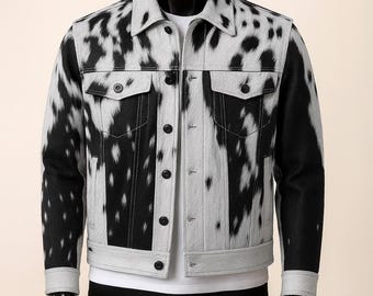 Handmade Cowhide Leather Jacket Black White Hair-On Hide Western Genuine Fashion Coat