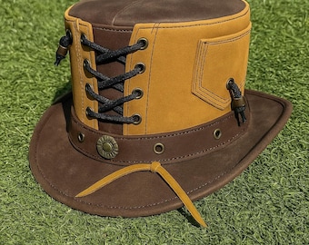 Handmade Leather Steampunk Top Hat: Brown & Yellow Lace Corset Design