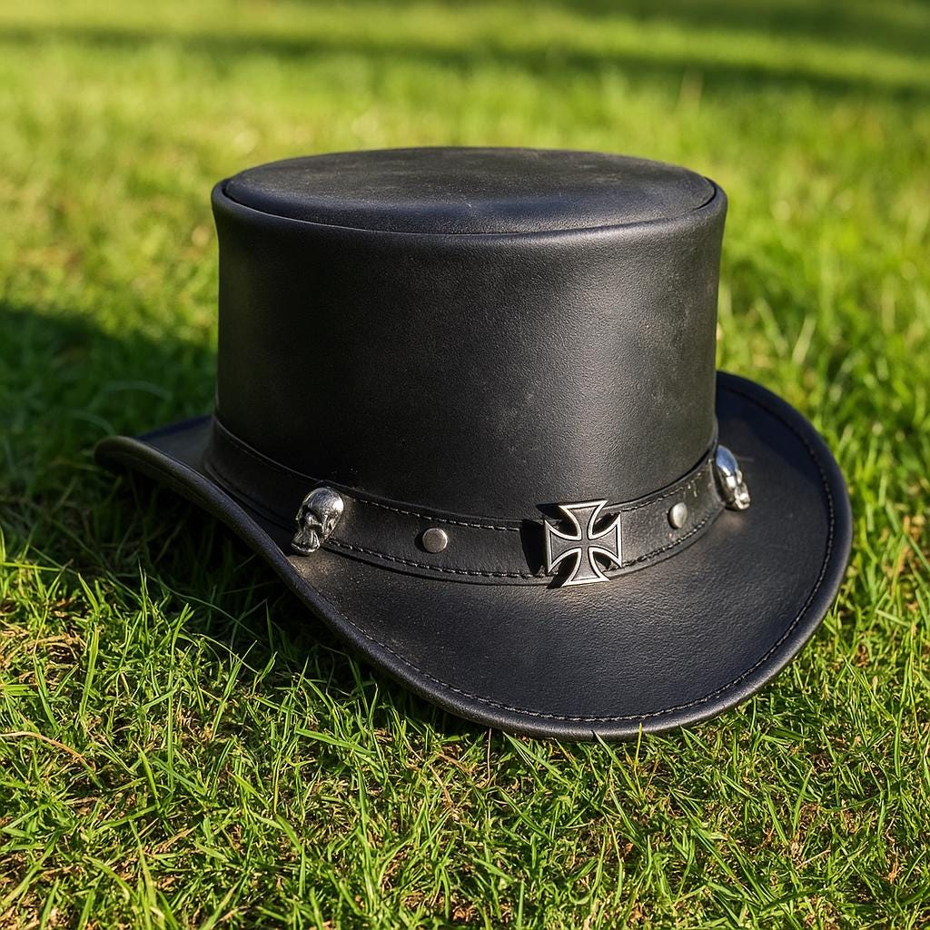 Genuine Leather Cowboy Western Hat Steampunk Top Hat Halloween Costume Studded Dream Apparel Black Leather Cowboy Western Hat for Men and  main image 2