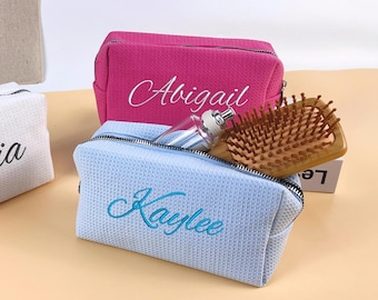 Personalized Waffle Cosmetic Bag: Custom Monogram Embroidered Toiletry Bag, Bridesmaid Gifts