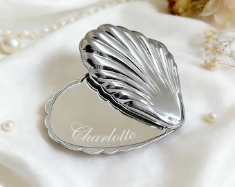 Espejo compacto personalizado con forma de concha, espejo de bolsillo personalizado con nombre, regalo grabado para dama de honor.