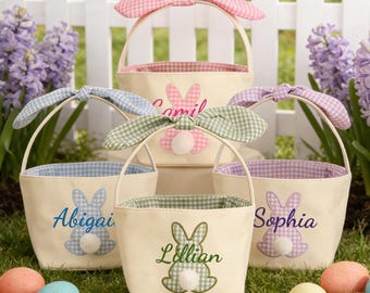Canasta de Pascua personalizada, cubo para la búsqueda de huevos de primavera, regalo personalizado para la búsqueda de huevos de Pascua para niños, recuerdo de la primera Pascua del bebé
