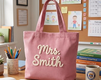 Personalized Teacher Tote Bag, Custom Name Corduroy Tote, Teacher Appreciation Gift, Custom School Tote Bag, Back to School Teacher Gift