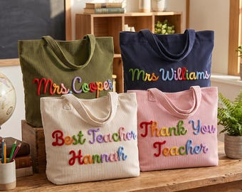Personalized Corduroy Teacher Tote Bag, Thank You Teacher Gift, End of Year Teacher Appreciation Gift, Custom Teacher Name Shoulder Bag