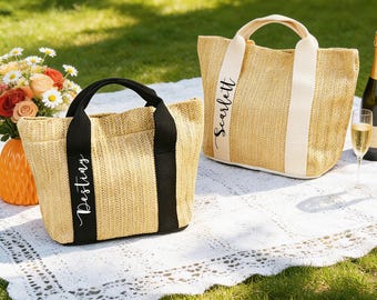 Personalized Straw Tote Bag, Custom Bridesmaid Beach Bag, Bridal Party Gift, Summer Woven Handbag for Wedding, Vacation, Bachelorette Party