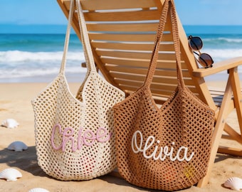 Bolso de playa de ganchillo personalizado, bolsos de playa con nombre personalizado, bolsas de regalo para damas de honor, regalo de playa para damas de honor, bolso de vacaciones hecho a mano para ella.