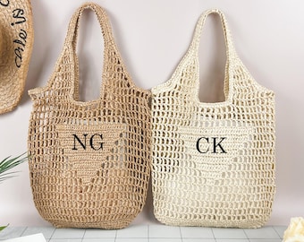 Gepersonaliseerde strandtas, cadeaus bruidsmeisje, strandtas stro, tas vrijgezellenfeest, vrijgezellenfeestcadeau, aangepaste raffia strandtas voor haar