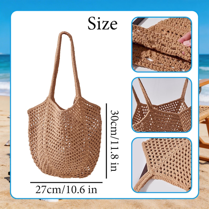 Op de afbeelding: Een beige gehaakte tas met een open breipatroon en twee schouderbanden. De tas is 30 cm hoog en 27 cm breed. Drie kleine ingevoegde afbeeldingen tonen de textuur en de constructie van de tas in detail vanuit verschillende hoeken.