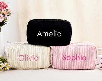 Bolsa de maquillaje de pana bordada, bolsa de cosméticos personalizada con nombre, bolsa de maquillaje con monograma, regalo para dama de honor de boda, regalo para despedida de soltera