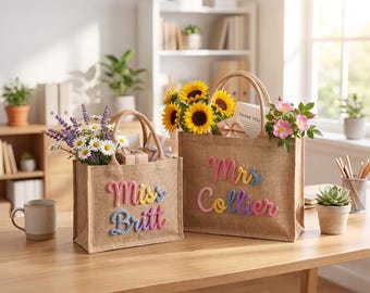 Personalized Burlap Teacher Tote Bag, Teacher Appreciation Gift, Back to School Tote, End of Year Gift, Thank You Teacher Gift
