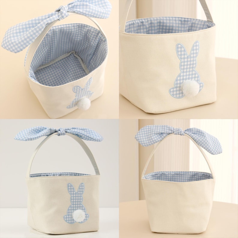 May include: Off-white Easter basket with a blue gingham lining and bunny ear handle. The basket features a blue gingham bunny silhouette with a fluffy white tail. The handle is designed to look like bunny ears.