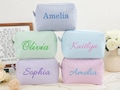 Embroidered Name Seersucker Makeup Bag, Monogrammed Makeup Bag, Bridesmaid Makeup Bag, Toiletry Bag, Bridesmaid Gift, Bridal Party Gifts Bag product logo