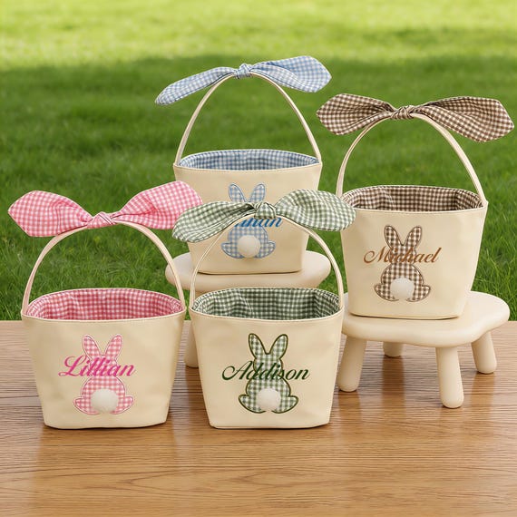 Personalized Easter Basket, Embroidered Name, Bunny Rabbit Basket, Easter Egg Hunt Basket, Easter Gift for Kid