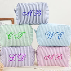 Personalized Embroidered Makeup Bag, Seersucker Cosmetic Bag, Bridesmaid Gifts, Travel Pouch, Wedding Party Gift, Monogram Makeup Bag