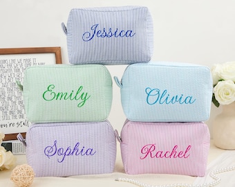 Bolsa de maquillaje personalizada de seersucker, neceser bordado personalizado, neceser, regalos para damas de honor, regalos para despedidas de soltera, organizador de maquillaje