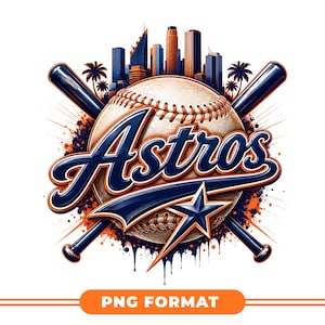 May include: A baseball-themed graphic featuring the word "Astros" in navy blue script over a baseball. The baseball is set against a backdrop of a cityscape and crossed baseball bats. The design includes orange and navy blue accents.