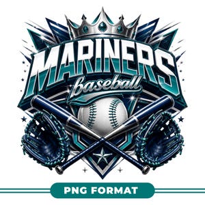 Peut inclure: Graphique sur le thème du baseball avec le mot "MARINERS" en teal et blanc, un ballon de baseball, des battes croisées et des gants. Une couronne argentée est placée au-dessus du mot "MARINERS". Le mot "baseball" est écrit en dessous. L'image a une palette de couleurs teal et argent.
