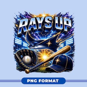May include: A digital illustration featuring a baseball theme with the text "RAYS UP". The image includes a stingray, baseball glove, baseball bat, baseball, and a baseball cap. The background has stadium lights and a blue and gold color scheme.