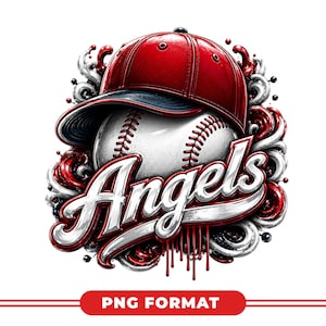 May include: A baseball-themed graphic featuring a red baseball cap atop a baseball, with the word "Angels" in a stylized font. The design incorporates red, white, and blue accents, with a "PNG FORMAT" banner at the bottom.