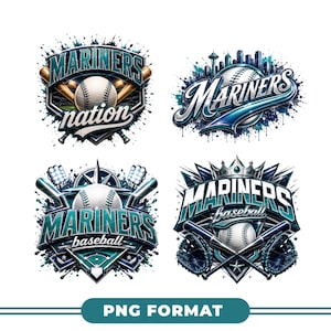 May include: Four baseball-themed logos featuring the word "Mariners" in teal and white. Each design includes a baseball, bats, and other baseball-related elements. The logos are set against a white background with a teal PNG FORMAT banner.