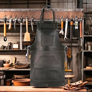 Full Grain Leather Apron for Butcher, Barber, Woodworker, Cook, BBQ, Blacksmith - Dark Brown, Adjustable Fit, Durable, Multiple Pockets