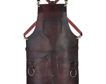 Handmade Vintage Leather Apron – Genuine Leather Personalized Apron, Cross Back Cooking Apron, Unique Leather Gift