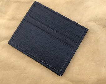 Black Leather Card Holder for Men – Slim Minimalist Wallet with 6 Slots & Center Pocket – Handmade Genuine Leather Front Pocket Case