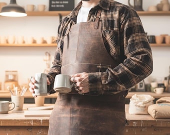 Handmade Custom Leather Apron – Personalized Vintage Kitchen Apron, Genuine Leather Cross Back Apron for Men & Women