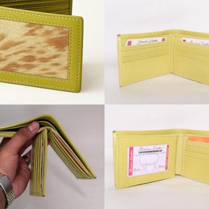 Handgefertigte Gelbe Brieftasche aus Rindsleder für Männer – Leichtes Haar-auf Fell Bifold mit ID-Halter – Einzigartiges rustikales Geschenk für Ihn – Echtes Leder