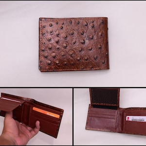 Cartera de lujo de piel de avestruz para hombre / Cartera plegable marrón hecha a mano con ranura para identificación y 9 compartimentos para tarjetas / Regalo para él / Piel auténtica
