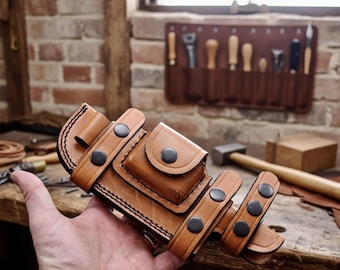 Handmade Brown Leather Knife Sheath: Horizontal Scout Carry, Fire Rod Loop
