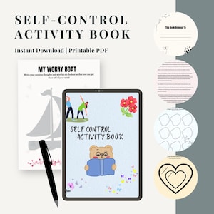 Puede incluir: Un libro de actividades de autocontrol digital con el título "Self-Control Activity Book" y el texto "Descarga instantánea | PDF imprimible". La portada presenta un oso leyendo un libro, mariposas y el texto "My Worry Boat".