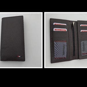 Carteira longa masculina de couro legítimo – fina e dobrável com bolso com zíper, 10 compartimentos para cartões e janelas para documentos de identidade – carteira clássica marrom feita à mão