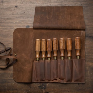 Handcrafted Leather Case – 7 Pockets Leather Roll, Carving tools and Bent Gouges – Compact & Durable Storage Wrap