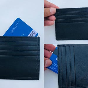 Schwarzer Leder-Kartenhalter für Männer - Schlanke minimalistische Brieftasche mit 6 Steckplätzen & Mitteltasche - Handgefertigte Echtleder-Vordertasche