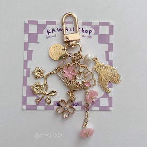 Golden Sakura Keychain | Cherry Blossoms Japanese Kawaii Flower Heart Beaded Handmade Key Charm Cute Keyring Gift for her Pink Backpack Bag