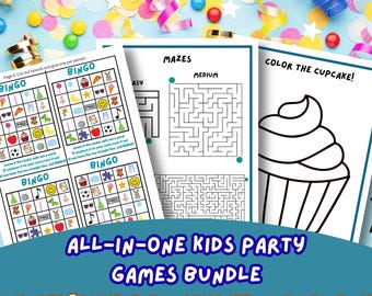 Paquete de actividades para fiestas infantiles: Bingo imprimible, laberintos, sopa de letras, tres en raya, colorear (descarga en PDF)