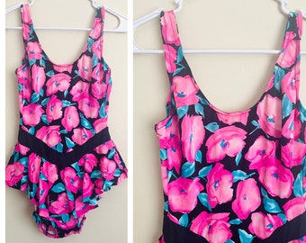 80s/90s Swimsuit with Bright, Bold Pink and Blue Colored Florals on a Black Background, Vintage One-Piece