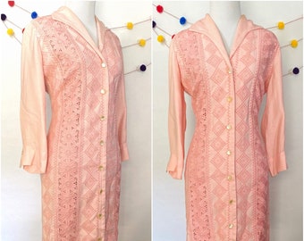 1960s Pink Floral Embroidered and Floral Dress // Vintage Pink Dress