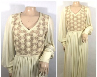70s Cream Maxi Dress with Crocheted Bodice and Ve st  by Future Couture by New  York// 1970s Ivory Maxi Crochet Set and Jacket, Beige