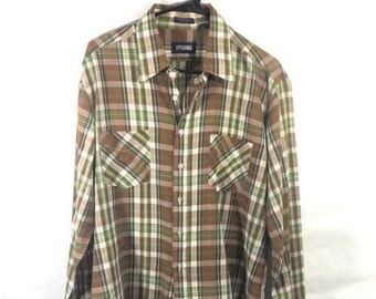 Vintage '70s "An Episode from Capital Mercury" Thin Cotton/Poly Brown, Green, White Plaid Button Down, 16 1/2, Large