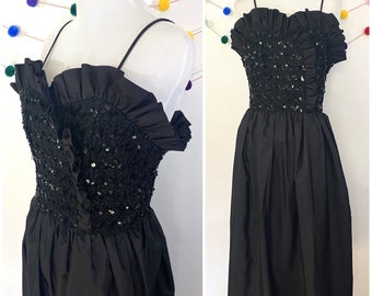 Black Ruffled Neck Sequined Cocktail Dress // 1960s Cocktail Dress // Little Black Dress