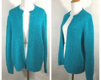 Le Chois Vintage Blue Open Cardigan Sweater, Blue Green Sweater