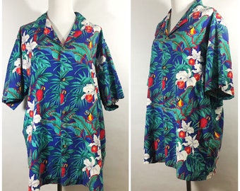 Bright Blue Tropical Button Up Blouse with Macaws, Parrots, Leaves by Jade Fashions