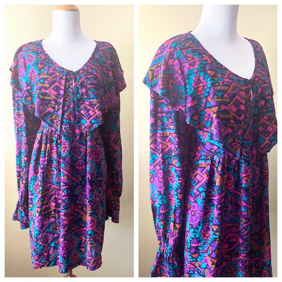 90s Purple and Pink Geometric Print Dress by Rosey