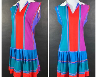 Multicolored Striped Drop Waist Dress // Pleated Skirt, Vintage Summer Dress